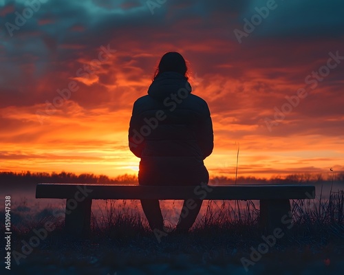 Silhouetted figure reflecting at sunset on a bench