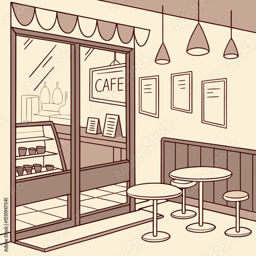 "Café or coffee shop background — flat style tables, mugs, hanging lights, cozy theme"

