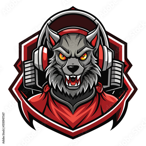 Detailed mascot logo featuring a fierce wolf wearing headphones, designed for a podcast, showcasing vivid colors and sharp lines that capture attention