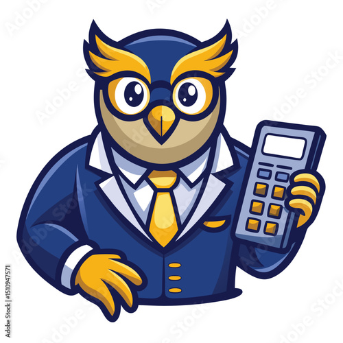 Owl mascot in a suit holding a calculator to symbolize smart financial management for businesses and individuals