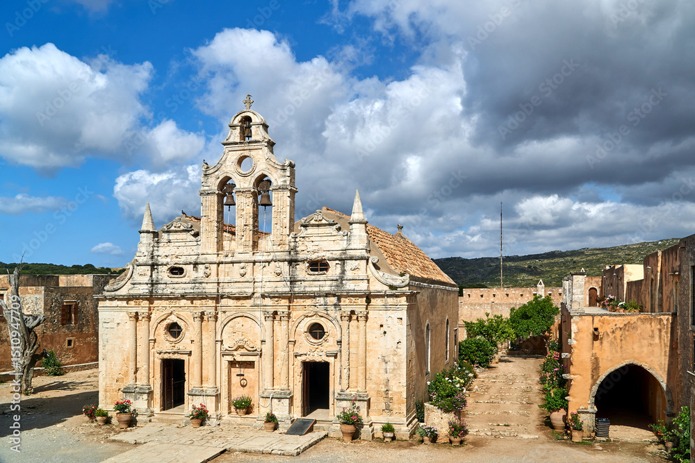 Fototapeta premium Facade and belfry of the historic church of the Orthodox monastery Moni Arcadia on the island of Crete