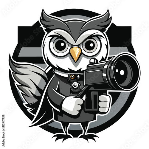 Cinematographer owl mascot holding a camera, showcasing filmmaking creativity and character in a vibrant, engaging design