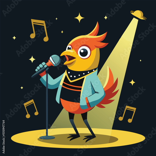 Bird mascot vocalist performs with microphone in a lively setting filled with musical notes and space elements during a vibrant musical event