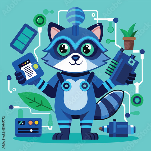 Raccoon mascot tech specialist with gadgets holding devices and surrounded by technology symbols in a vibrant design