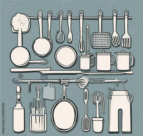 Kitchen utensils vector illustration with silhouette style showing spoons forks knives and other cooking tools for restaurant or dining design