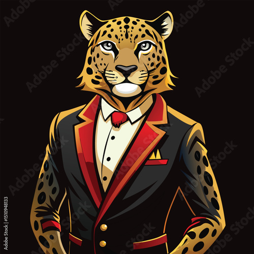 Elegant leopard mascot in tailored blazer showcases style and charisma in a professional setting