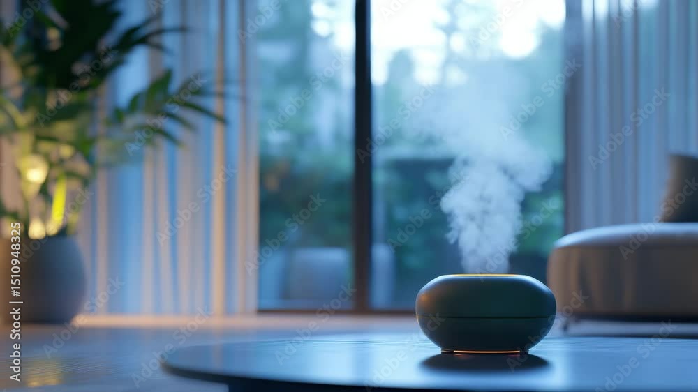 In a cozy room, a working aroma diffuser emitting steam sits on a round table, and in the background, a window overlooking greenery and a houseplant are visible