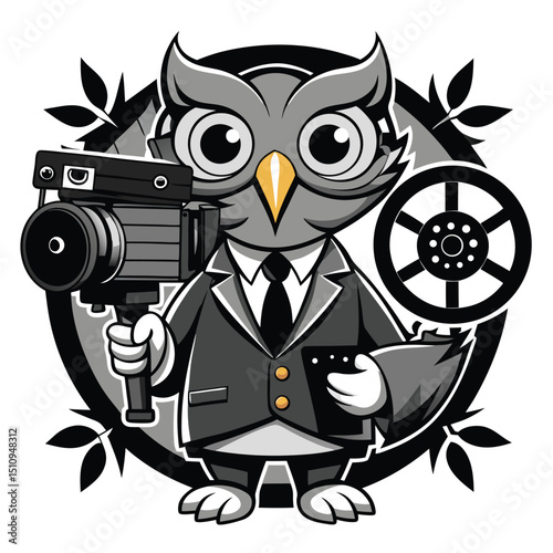Owl mascot acting as a cinematographer holding a camera and director's board in a creative studio setting