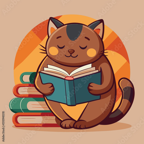 Cat mascot curled up with a book and bookmark collection during a cozy reading moment in a warm and inviting setting