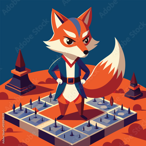 Fox mascot stands confidently on a miniature battlefield, surveying the strategic layout with a watchful gaze during afternoon playtime