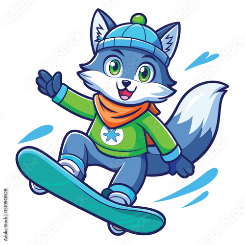 Arctic fox mascot performs a mid-air trick on snowboard against a vibrant winter backdrop
