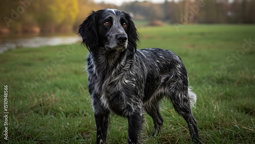 A Blue Picardy Spaniel dog sitting calmly and looking alert