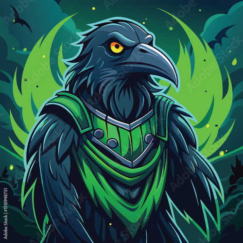 Raven mascot showcases horror game elements with eerie green accents and a foreboding atmosphere in a dark, mystical forest setting