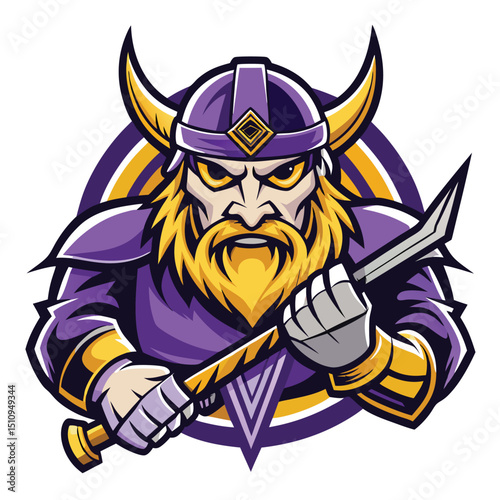 Viking warrior mascot inspired by Norse mythology wears a hockey helmet and wields a stick, ready for action on the ice rink during a thrilling hockey match