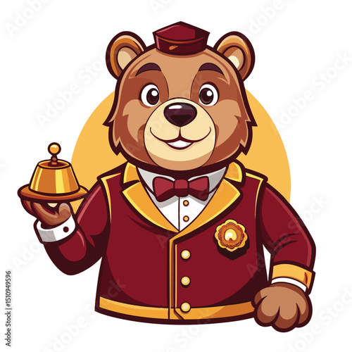 Bear mascot concierge cheerfully presenting a service bell and a key while dressed in a formal vest and bow tie, located at a welcoming hotel lobby during daytime