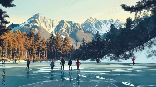 A group of people skating on a frozen forest lake, with steep snow-capped mountains in the background. Textures on tree trunks and snow puddles on branches are rendered with fine lines.
