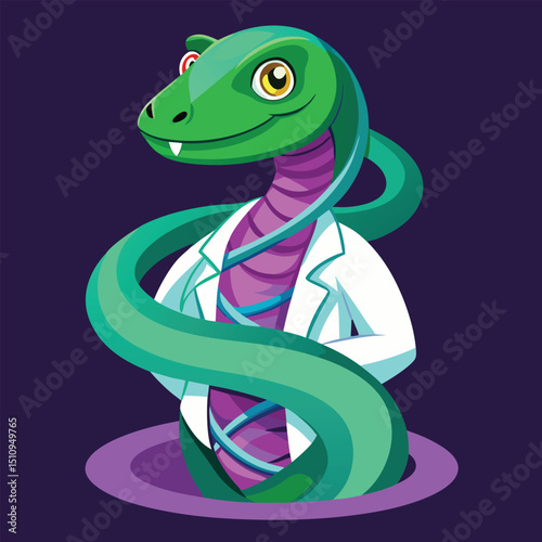 Dna inspired snake mascot in laboratory coat coils playfully while representing science and research in a creative and colorful manner