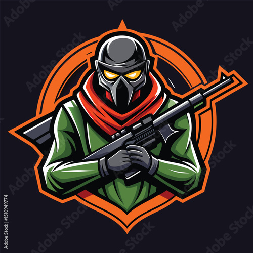Sniper mascot logo design featuring a tactical figure with rifle, dramatic colors, and dynamic elements, embodying stealth and precision in a bold, eye-catching design