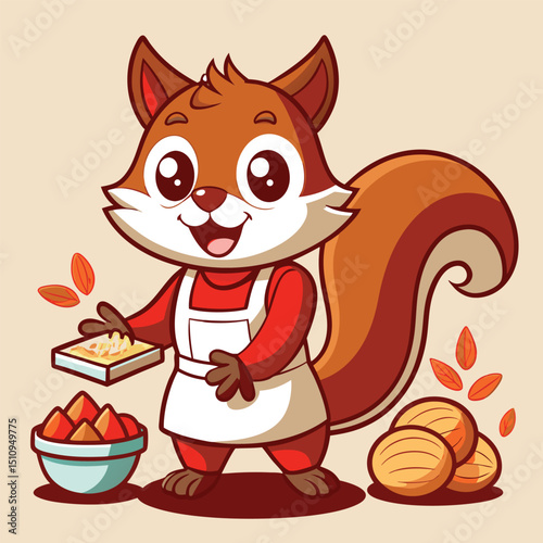 Squirrel mascot gathers fresh ingredients while wearing an apron during a vibrant kitchen activity in a cozy setting