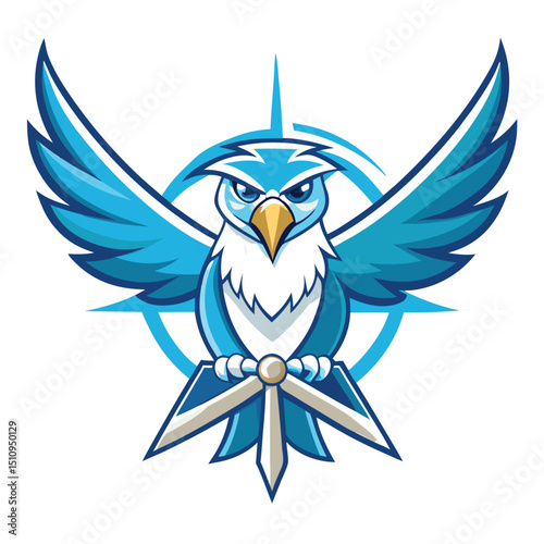 Eagle mascot with wind turbine wing elements soaring above a futuristic landscape representing renewable energy and innovation
