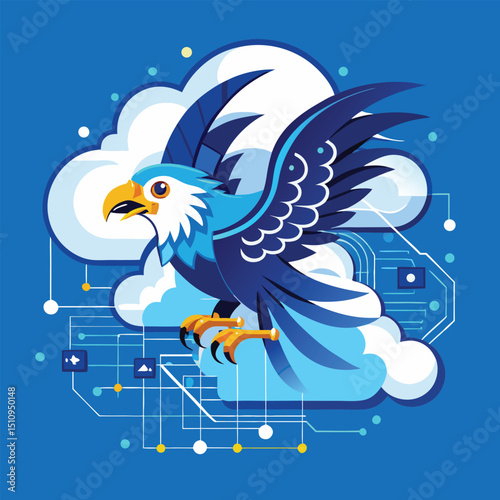Eagle mascot soars through digital clouds with data streams illustrating a blend of nature and technology in a vibrant and modern design