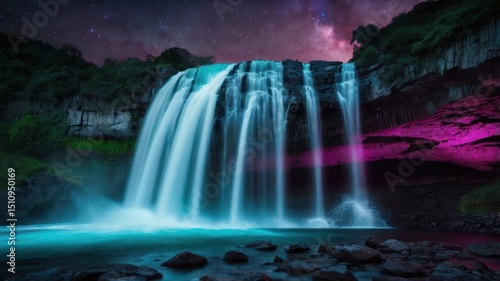 Niagara Falls at night, a beautiful natural cascade in a flowing summer forest landscape of water, rocks, and green trees