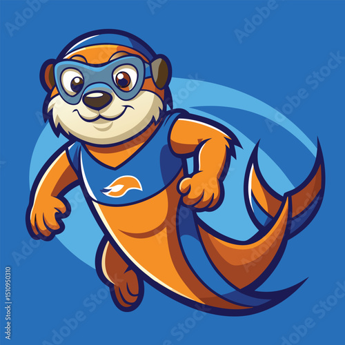 Otter mascot performing a competitive swimming pose with enthusiasm against a blue background