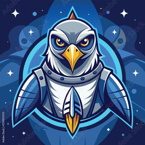 Falcon mascot with spacecraft elements showcases unique design in a cosmic environment featuring deep blues and stars
