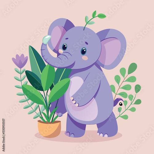 Elephant mascot gently tending to delicate plants while showcasing care and attention to nature's beauty in a vibrant and playful environment