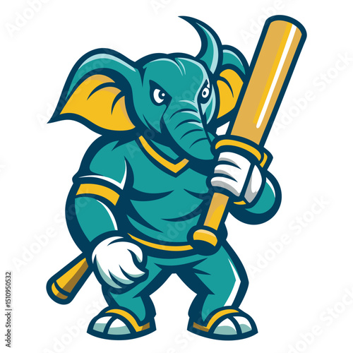 Elephant mascot sports vibrant colors while holding a cricket bat and ball during an exciting match at a local stadium