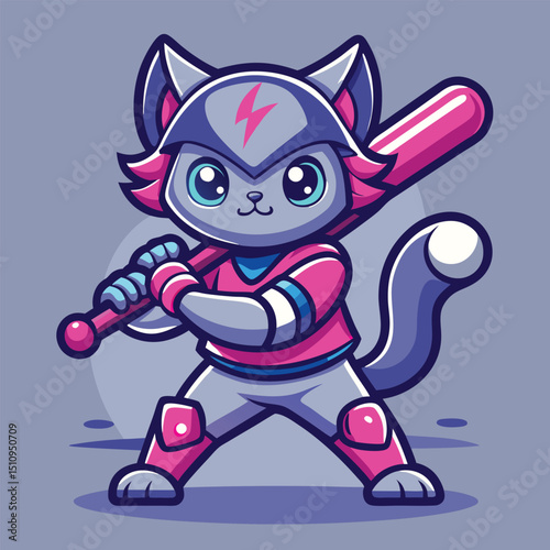 Cat mascot skillfully interacting with playful mobile game elements while swinging a bat in a vibrant digital environment