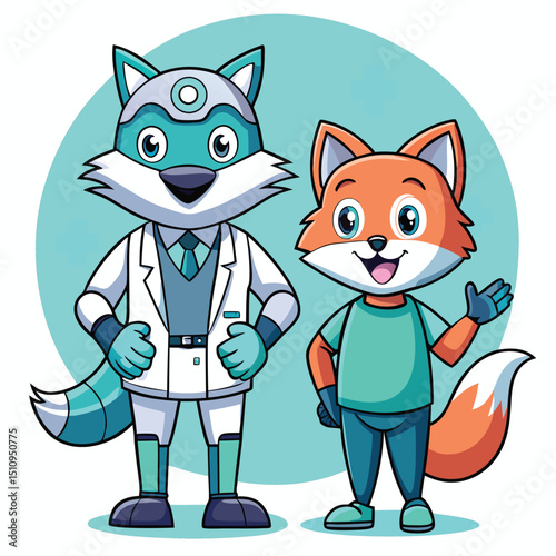 Engaging fox mascot interacts playfully with a friendly medical robot assistant in a bright and colorful setting