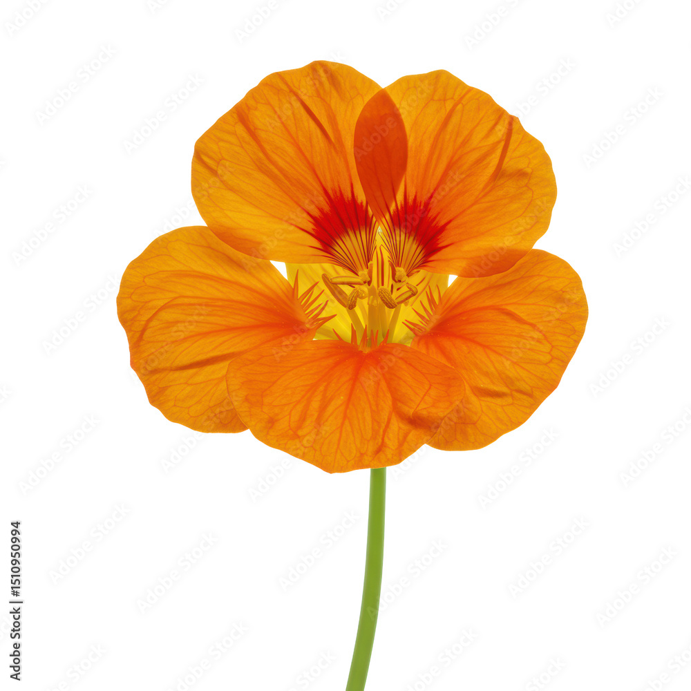 Obraz premium Ultra realistic UHD photo of a vibrant Nasturtium flower with clear contours and detailed petals and green leaves, isolated on a pristine transparent background, captured from a slightly high angle,