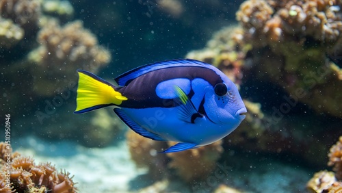 Blue Tang Fish Swimming in Clear Ocean Water