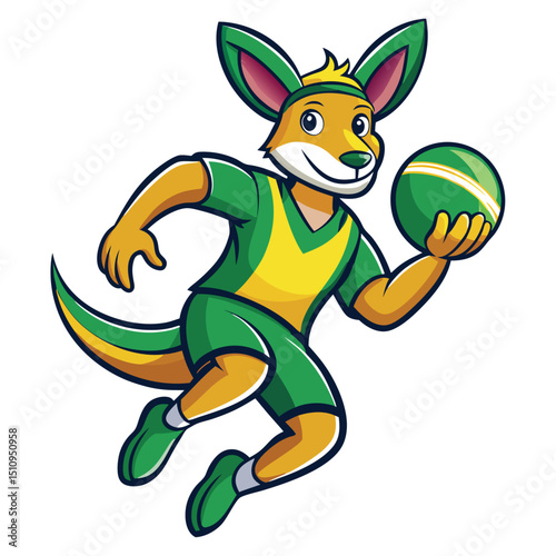 Kangaroo mascot energetically jumping with sports ball in pouch during a vibrant outdoor athletic event in bright daylight