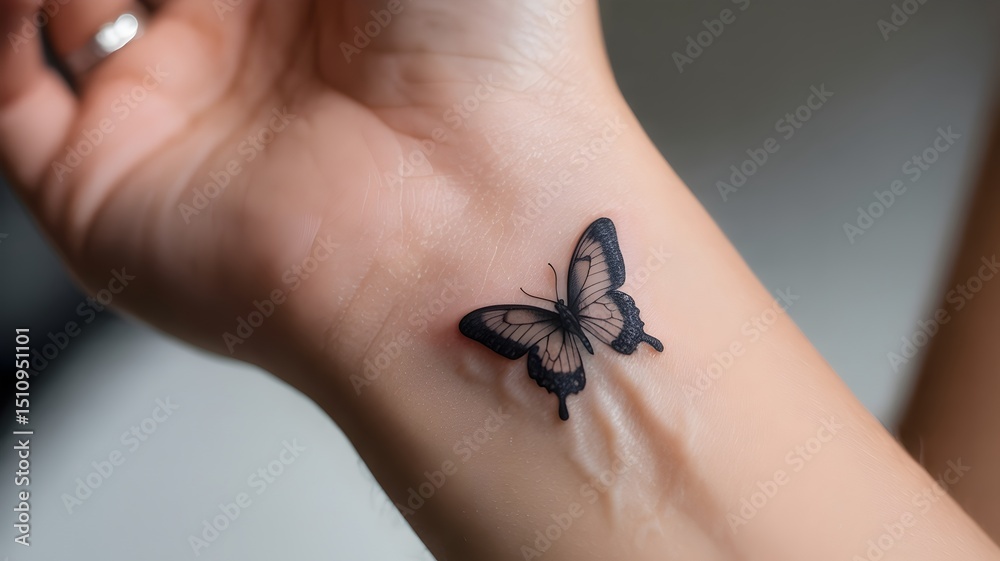 Obraz premium An elegant butterfly tattoo adorns a wrist, exuding delicate beauty and artistic flair. The tattoo captures fine details, creating a captivating display