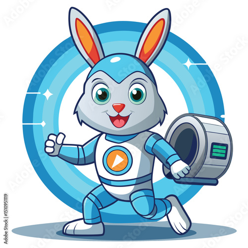 Rabbit mascot showcases advanced medical scanner technology in futuristic setting with an energetic pose