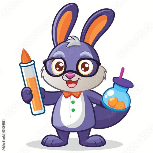 Rabbit mascot holding a science beaker and pencil in a playful educational setting for young learners