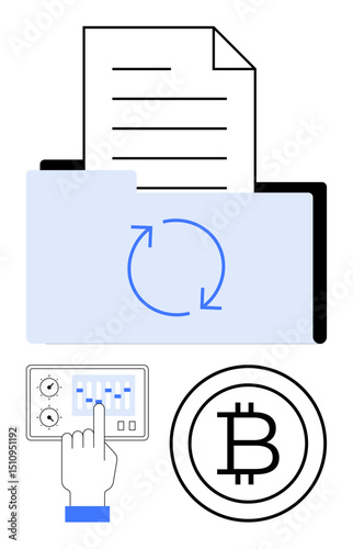 File sync inside folder, hand adjusting settings, and Bitcoin icon. Ideal for technology, blockchain, finance, cryptocurrency, digital storage, data management productivity flat simple metaphor