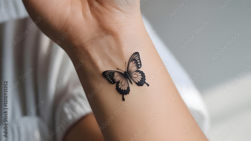 Obraz premium A beautiful butterfly tattoo delicately placed on the wrist of a person