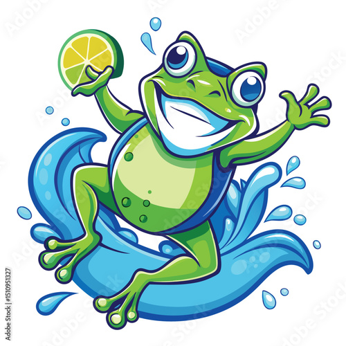 Frog mascot joyfully leaping from a bright splash of refreshing water with a lime wedge in hand