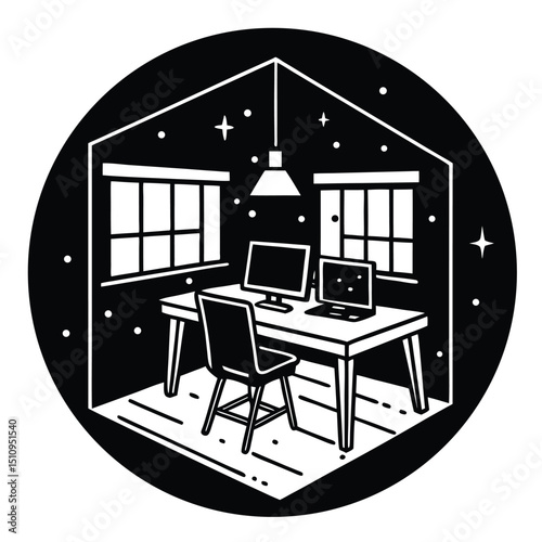 Black and white vector illustration of a house icon with a roof and window, perfect for real estate and architecture design