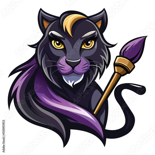 Sleek panther mascot with flowing mane and confident pose holding a paintbrush, perfect for representing creativity and team spirit at events and schools