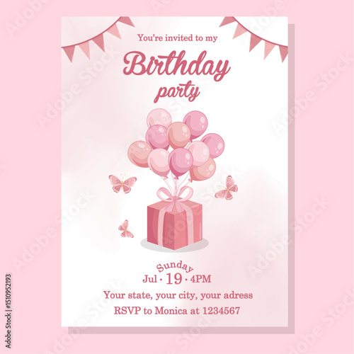 Pink birthday template with cute presents and balloons Happy birthday card