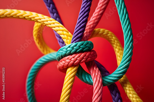 Colorful ropes knotted together teamwork collaboration unity