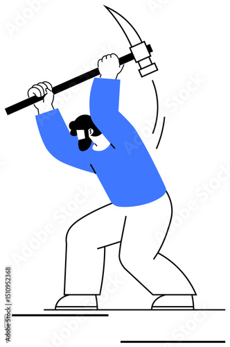 Worker wielding pickaxe mid-swing, symbolizing manual labor, effort, productivity, mining, persistence, industry, and determination. Ideal for work ethic strength and flat simple metaphor