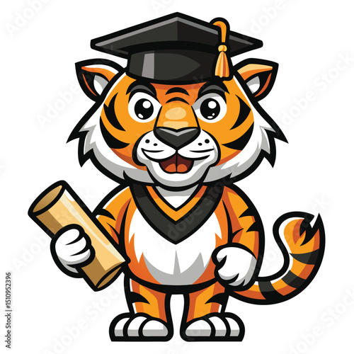 Proud tiger mascot celebrates graduation wearing a cap and holding a diploma symbolizing academic achievement and success