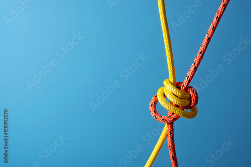 Colorful ropes tied in a knot against a blue background photo