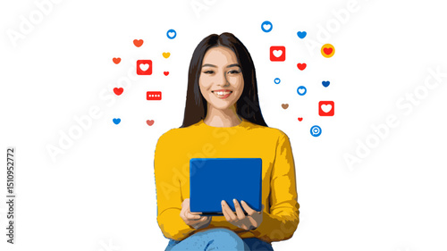 Smiling woman holding a blue tablet surrounded by social media icons