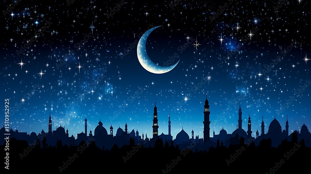 Naklejka premium Silhouettes of ancient city at night under stars and crescent moon